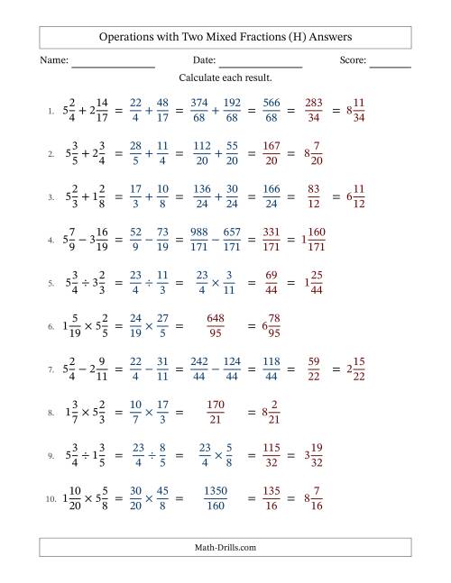 The Operations with Two Mixed Fractions with Unlike Denominators, Mixed Fractions Results and Some Simplifying (Fillable) (H) Math Worksheet Page 2