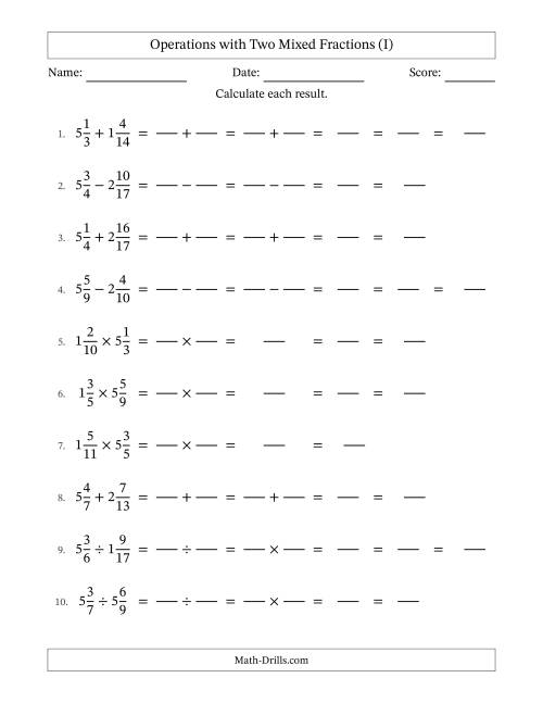 The Operations with Two Mixed Fractions with Unlike Denominators, Mixed Fractions Results and Some Simplifying (Fillable) (I) Math Worksheet