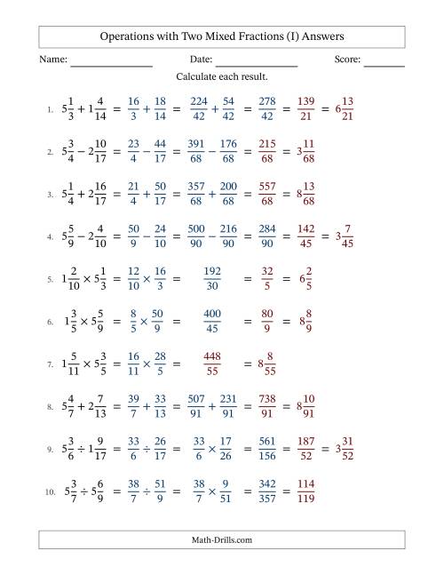 The Operations with Two Mixed Fractions with Unlike Denominators, Mixed Fractions Results and Some Simplifying (Fillable) (I) Math Worksheet Page 2