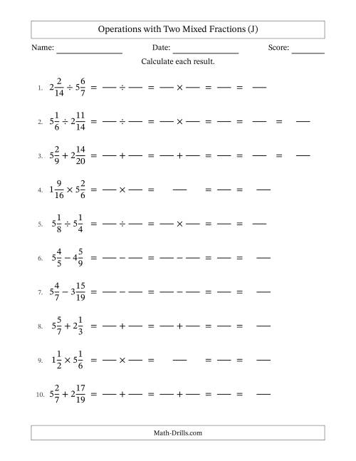 The Operations with Two Mixed Fractions with Unlike Denominators, Mixed Fractions Results and Some Simplifying (Fillable) (J) Math Worksheet