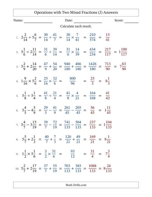 The Operations with Two Mixed Fractions with Unlike Denominators, Mixed Fractions Results and Some Simplifying (Fillable) (J) Math Worksheet Page 2