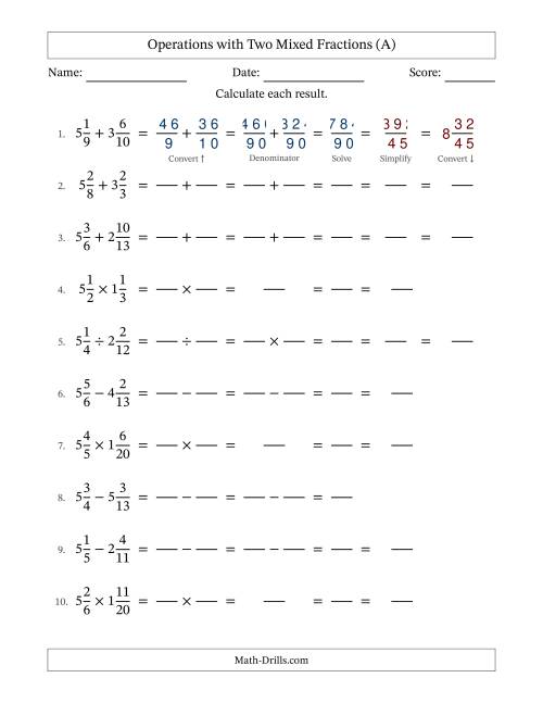 The Operations with Two Mixed Fractions with Unlike Denominators, Mixed Fractions Results and Some Simplifying (Fillable) (All) Math Worksheet