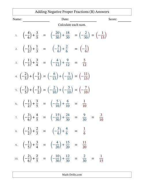 The Adding Negative Proper Fractions with Unlike Denominators Up to Sixths, Proper Fraction Results and Some Simplifying (B) Math Worksheet Page 2