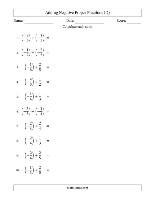 The Adding Negative Proper Fractions with Unlike Denominators Up to Sixths, Proper Fraction Results and Some Simplifying (D) Math Worksheet