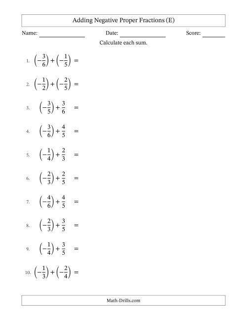 The Adding Negative Proper Fractions with Unlike Denominators Up to Sixths, Proper Fraction Results and Some Simplifying (E) Math Worksheet