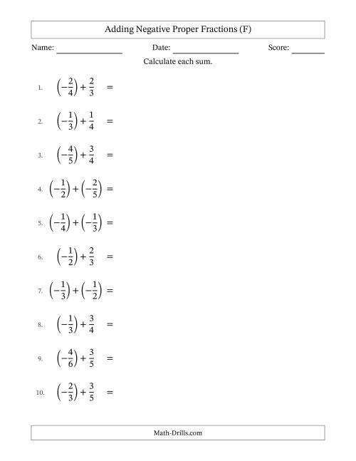 The Adding Negative Proper Fractions with Unlike Denominators Up to Sixths, Proper Fraction Results and Some Simplifying (F) Math Worksheet