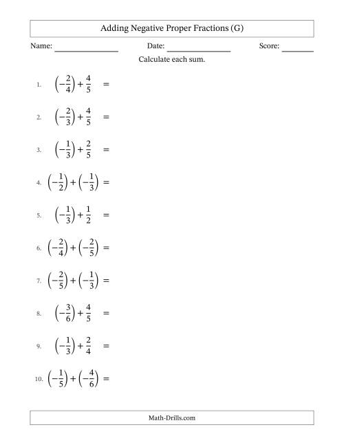The Adding Negative Proper Fractions with Unlike Denominators Up to Sixths, Proper Fraction Results and Some Simplifying (G) Math Worksheet