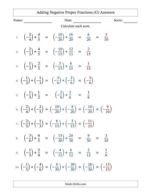 The Adding Negative Proper Fractions with Unlike Denominators Up to Sixths, Proper Fraction Results and Some Simplifying (G) Math Worksheet Page 2