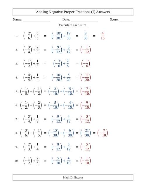 The Adding Negative Proper Fractions with Unlike Denominators Up to Sixths, Proper Fraction Results and Some Simplifying (I) Math Worksheet Page 2