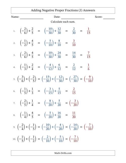 The Adding Negative Proper Fractions with Unlike Denominators Up to Sixths, Proper Fraction Results and Some Simplifying (J) Math Worksheet Page 2