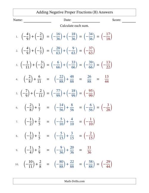 The Adding Negative Proper Fractions with Unlike Denominators Up to Twelfths, Proper Fraction Results and Some Simplifying (B) Math Worksheet Page 2