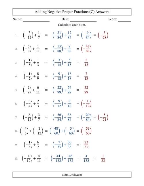 The Adding Negative Proper Fractions with Unlike Denominators Up to Twelfths, Proper Fraction Results and Some Simplifying (C) Math Worksheet Page 2