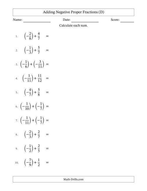 The Adding Negative Proper Fractions with Unlike Denominators Up to Twelfths, Proper Fraction Results and Some Simplifying (D) Math Worksheet