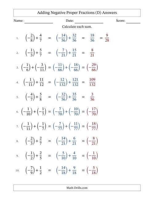 The Adding Negative Proper Fractions with Unlike Denominators Up to Twelfths, Proper Fraction Results and Some Simplifying (D) Math Worksheet Page 2