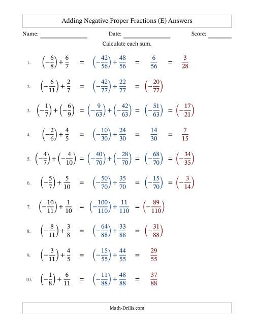 The Adding Negative Proper Fractions with Unlike Denominators Up to Twelfths, Proper Fraction Results and Some Simplifying (E) Math Worksheet Page 2