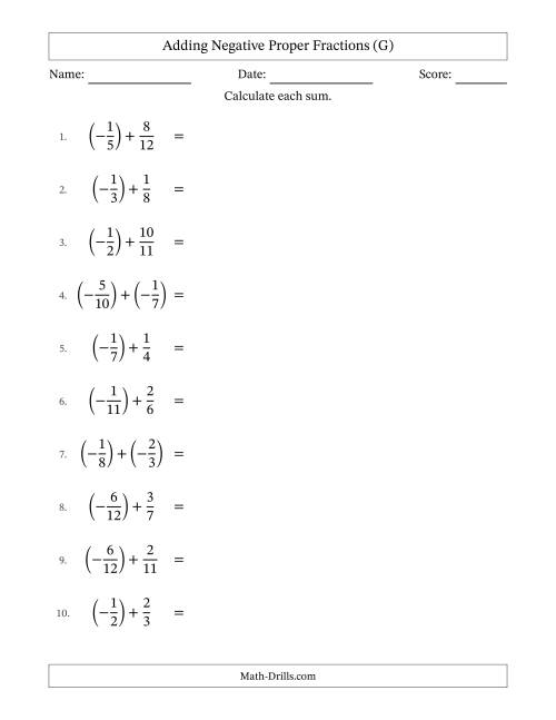 The Adding Negative Proper Fractions with Unlike Denominators Up to Twelfths, Proper Fraction Results and Some Simplifying (G) Math Worksheet