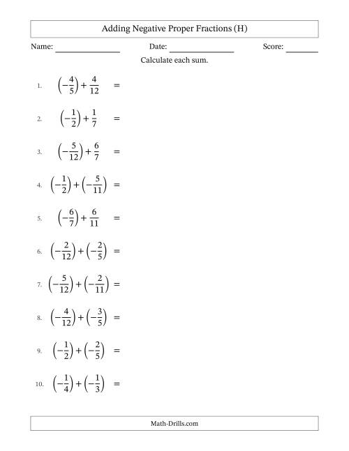The Adding Negative Proper Fractions with Unlike Denominators Up to Twelfths, Proper Fraction Results and Some Simplifying (H) Math Worksheet