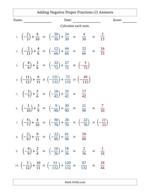 The Adding Negative Proper Fractions with Unlike Denominators Up to Twelfths, Proper Fraction Results and Some Simplifying (J) Math Worksheet Page 2