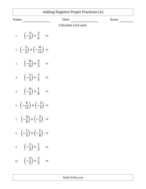 The Adding Negative Proper Fractions with Unlike Denominators Up to Twelfths, Proper Fraction Results and Some Simplifying (All) Math Worksheet