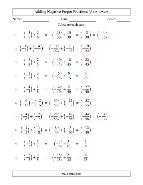 The Adding Negative Proper Fractions with Unlike Denominators Up to Twelfths, Proper Fraction Results and Some Simplifying (All) Math Worksheet Page 2