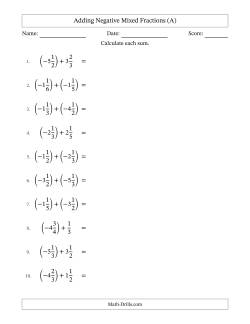 Adding Negative Mixed Fractions with Unlike Denominators Up to Sixths, Mixed Fraction Results and No Simplifying