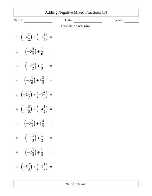 The Adding Negative Mixed Fractions with Unlike Denominators Up to Sixths, Mixed Fraction Results and No Simplifying (B) Math Worksheet