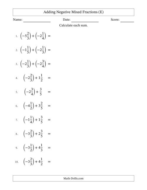 The Adding Negative Mixed Fractions with Unlike Denominators Up to Sixths, Mixed Fraction Results and No Simplifying (E) Math Worksheet