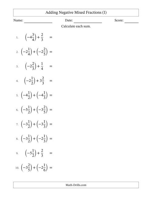 The Adding Negative Mixed Fractions with Unlike Denominators Up to Sixths, Mixed Fraction Results and No Simplifying (I) Math Worksheet