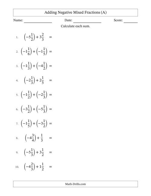 The Adding Negative Mixed Fractions with Unlike Denominators Up to Sixths, Mixed Fraction Results and No Simplifying (All) Math Worksheet