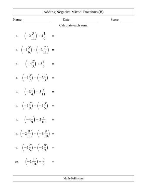 The Adding Negative Mixed Fractions with Unlike Denominators Up to Twelfths, Mixed Fraction Results and No Simplifying (B) Math Worksheet