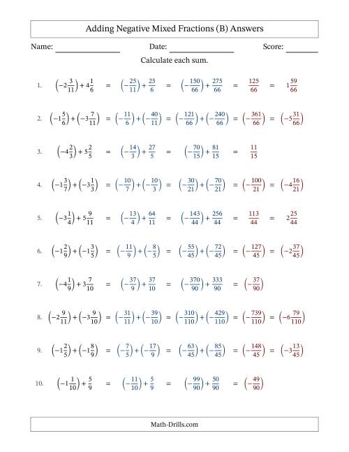 The Adding Negative Mixed Fractions with Unlike Denominators Up to Twelfths, Mixed Fraction Results and No Simplifying (B) Math Worksheet Page 2