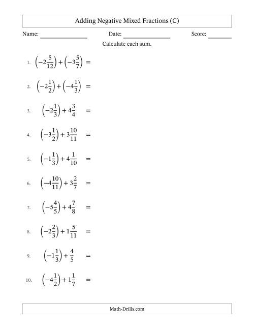 The Adding Negative Mixed Fractions with Unlike Denominators Up to Twelfths, Mixed Fraction Results and No Simplifying (C) Math Worksheet