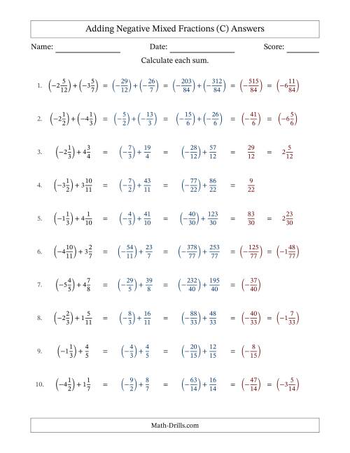 The Adding Negative Mixed Fractions with Unlike Denominators Up to Twelfths, Mixed Fraction Results and No Simplifying (C) Math Worksheet Page 2
