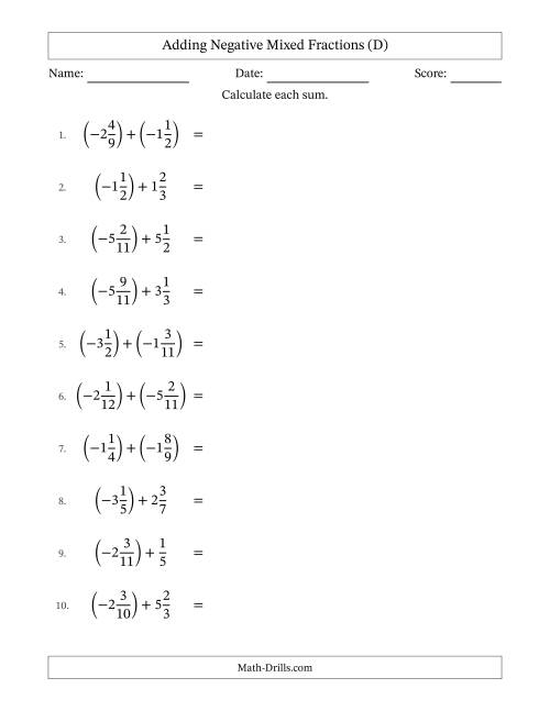 The Adding Negative Mixed Fractions with Unlike Denominators Up to Twelfths, Mixed Fraction Results and No Simplifying (D) Math Worksheet