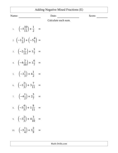 The Adding Negative Mixed Fractions with Unlike Denominators Up to Twelfths, Mixed Fraction Results and No Simplifying (E) Math Worksheet