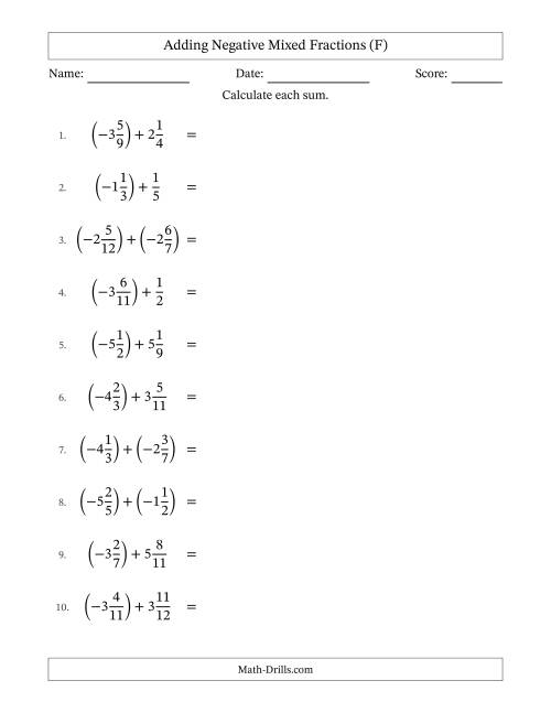 The Adding Negative Mixed Fractions with Unlike Denominators Up to Twelfths, Mixed Fraction Results and No Simplifying (F) Math Worksheet