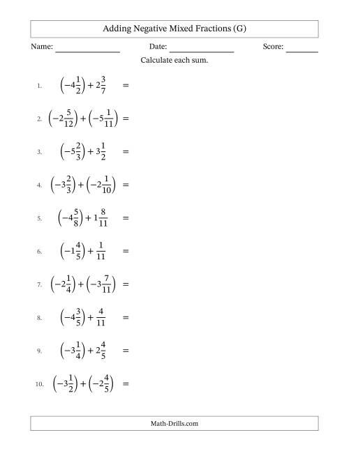 The Adding Negative Mixed Fractions with Unlike Denominators Up to Twelfths, Mixed Fraction Results and No Simplifying (G) Math Worksheet