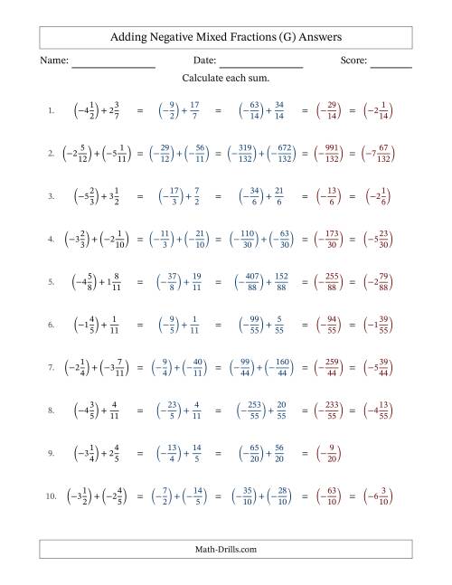 The Adding Negative Mixed Fractions with Unlike Denominators Up to Twelfths, Mixed Fraction Results and No Simplifying (G) Math Worksheet Page 2