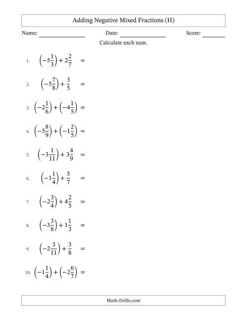 The Adding Negative Mixed Fractions with Unlike Denominators Up to Twelfths, Mixed Fraction Results and No Simplifying (H) Math Worksheet