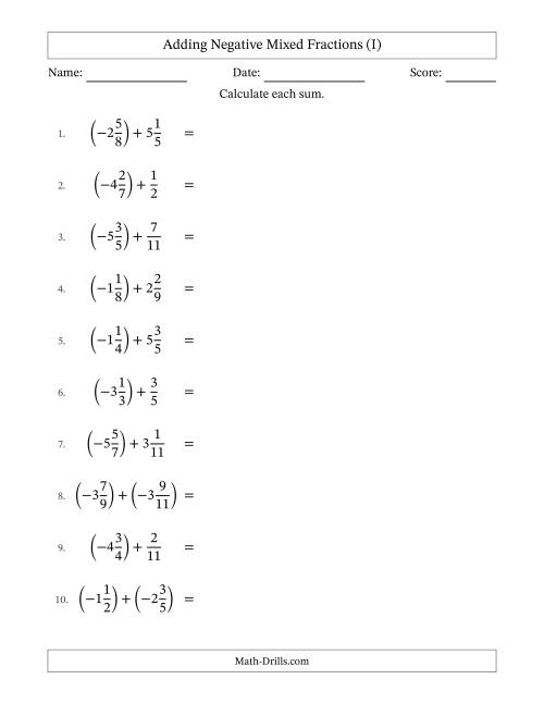 The Adding Negative Mixed Fractions with Unlike Denominators Up to Twelfths, Mixed Fraction Results and No Simplifying (I) Math Worksheet