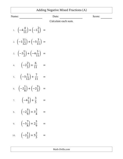 The Adding Negative Mixed Fractions with Unlike Denominators Up to Twelfths, Mixed Fraction Results and No Simplifying (All) Math Worksheet