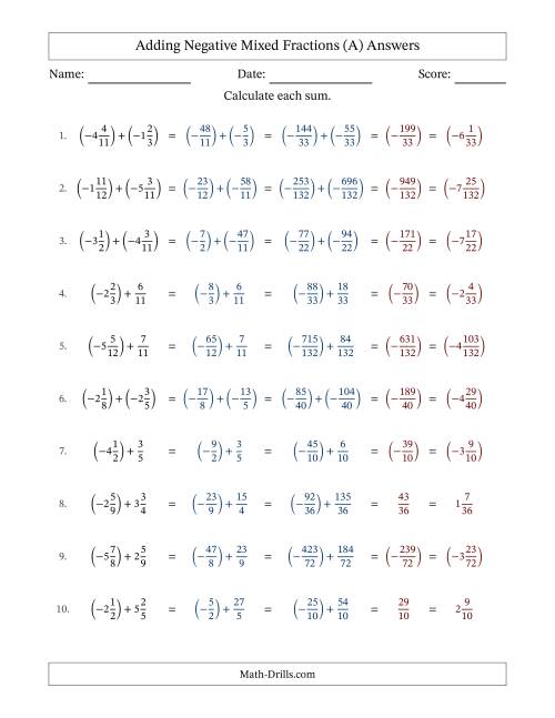 The Adding Negative Mixed Fractions with Unlike Denominators Up to Twelfths, Mixed Fraction Results and No Simplifying (All) Math Worksheet Page 2