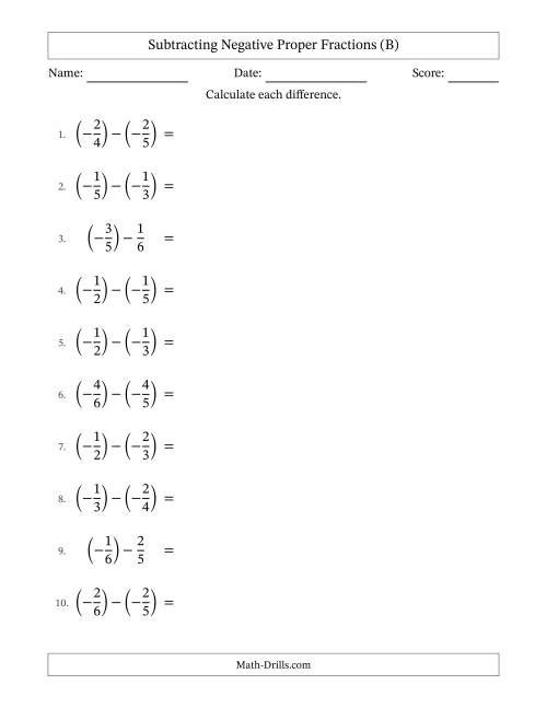 The Subtracting Negative Proper Fractions with Unlike Denominators Up to Sixths, Proper Fraction Results and Some Simplifying (B) Math Worksheet