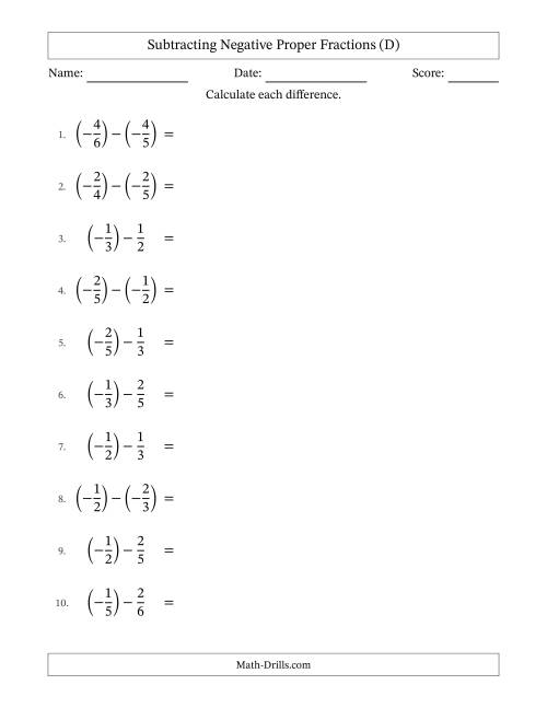 The Subtracting Negative Proper Fractions with Unlike Denominators Up to Sixths, Proper Fraction Results and Some Simplifying (D) Math Worksheet
