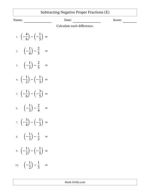 The Subtracting Negative Proper Fractions with Unlike Denominators Up to Sixths, Proper Fraction Results and Some Simplifying (E) Math Worksheet