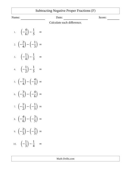 The Subtracting Negative Proper Fractions with Unlike Denominators Up to Sixths, Proper Fraction Results and Some Simplifying (F) Math Worksheet