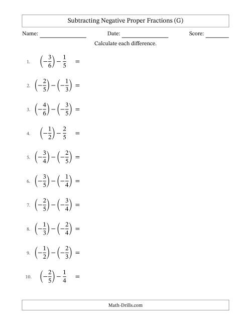 The Subtracting Negative Proper Fractions with Unlike Denominators Up to Sixths, Proper Fraction Results and Some Simplifying (G) Math Worksheet