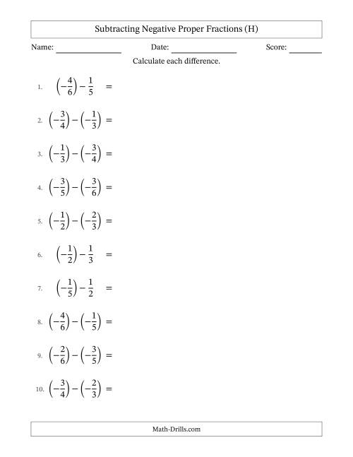 The Subtracting Negative Proper Fractions with Unlike Denominators Up to Sixths, Proper Fraction Results and Some Simplifying (H) Math Worksheet