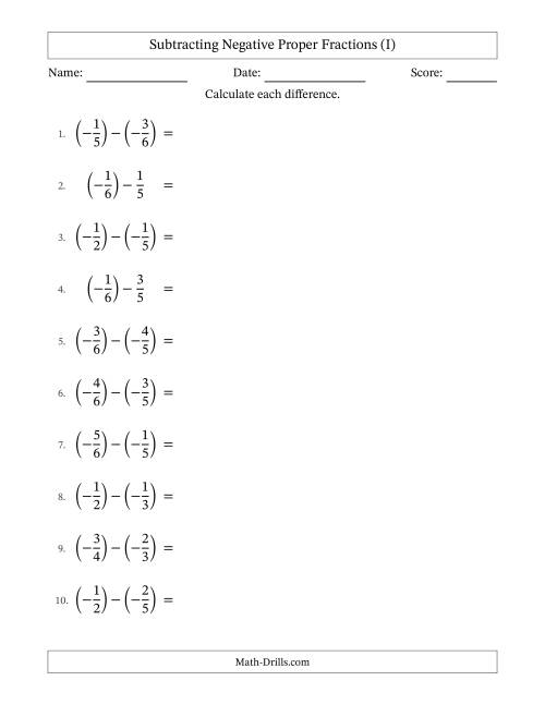 The Subtracting Negative Proper Fractions with Unlike Denominators Up to Sixths, Proper Fraction Results and Some Simplifying (I) Math Worksheet