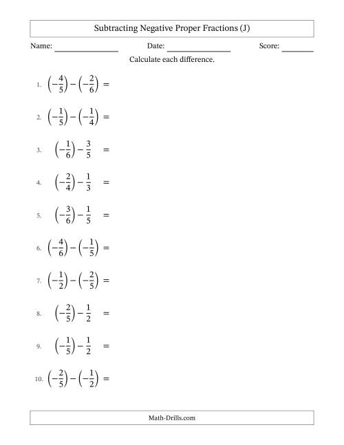 The Subtracting Negative Proper Fractions with Unlike Denominators Up to Sixths, Proper Fraction Results and Some Simplifying (J) Math Worksheet